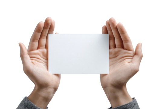 Two hands holding a blank white rectangular card against a black background image, Isolated On Transparent Background, Png Cut Out