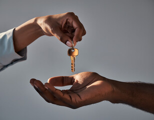 Hand Passing Golden Key Concept of Real Estate, Home Ownership, Property, Mortgage, New Beginnings.