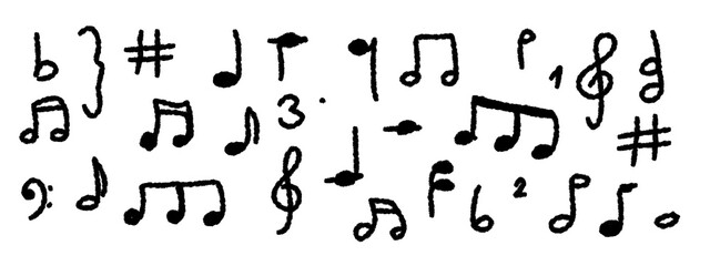 Obraz premium abstract grunge background, hand-drawn set of different music notes icons isolated on white or transparent png
