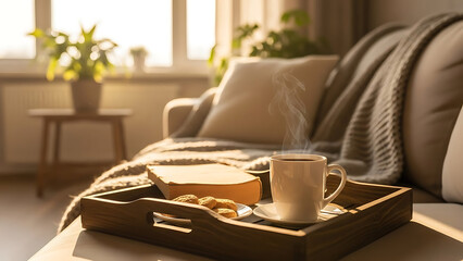 A serene and cozy morning at home with a steaming cup of hot coffee or tea, toast, and cookies on a tray