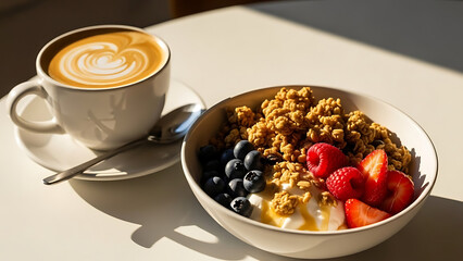 Delicious Breakfast Delight Latte, Granola, Berries, and Yogurt in Morning Sunlight