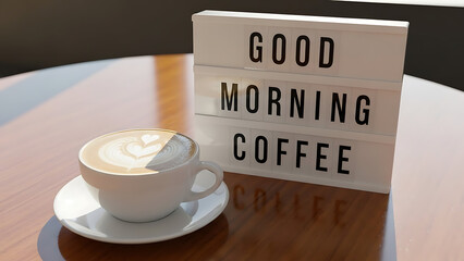 A perfect start to the day featuring a warm cup of cappuccino with latte art next to a glowing lightbox with a cheerful morning greeting