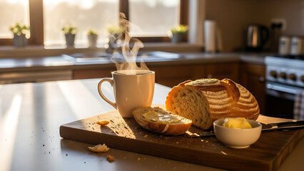 Deliciously warm breakfast featuring fresh baked bread with butter and a steaming cup of coffee on a wooden board in a bright kitchen