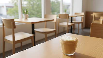 Cozy cafe interior with wooden tables and chairs, featuring a delicious latte art coffee on a table, bathed in natural light