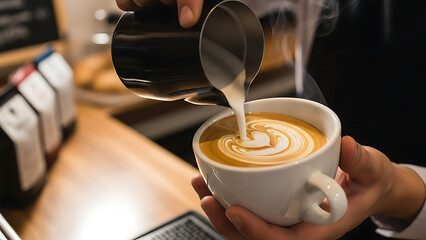 Latte Art Barista Pouring Milk into Coffee for a Heart Design