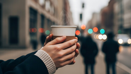 Close up of a person warming their hands with a takeaway coffee cup on a cold morning in a bustling city