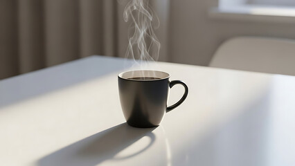 Freshly brewed hot coffee in a black ceramic cup, steaming in the gentle morning sunlight on a clean tabletop