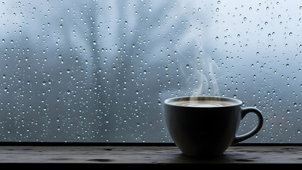 A steaming mug of hot coffee sits on a wooden windowsill, with a background of a window covered in fresh raindrops