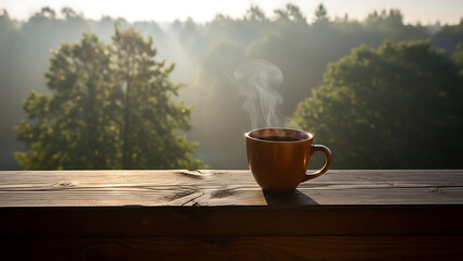 Warm, steaming coffee on a rustic wooden sill, offering a tranquil morning view of a misty, sun-dappled forest, perfect for a peaceful start to a new day