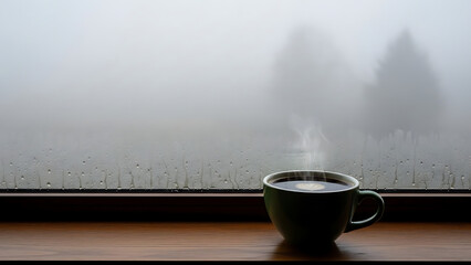 A cozy green mug of steaming hot coffee rests on a wooden windowsill, offering warmth on a cold and foggy morning