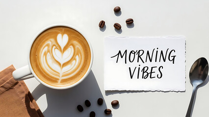 Aromatic cappuccino with delicate heart-shaped latte art next to a cheerful 'Morning Vibes' note for a perfect start to the day