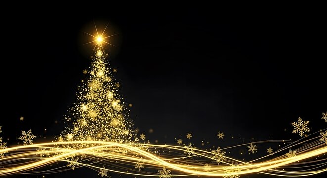 Magical Christmas tree made of golden light trails and sparkles