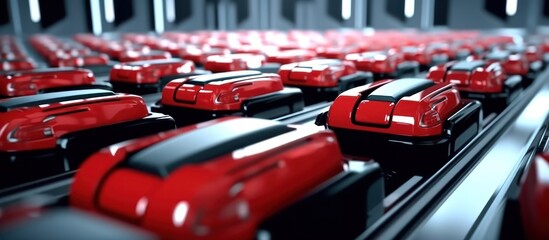 Futuristic Red Robotic Units Lined Up on a Conveyor Belt in a Factory.