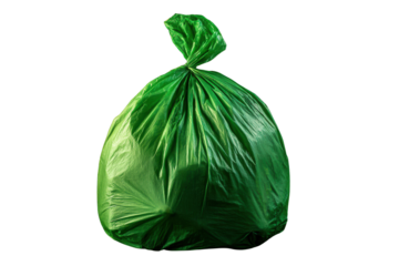Full green plastic trash bag tied shut against a black background garbage, Isolated On Transparent Background, Png Cut Out