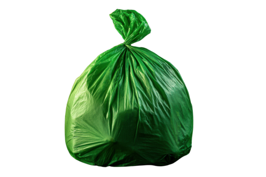 Full green plastic trash bag tied shut against a black background garbage, Isolated On Transparent Background, Png Cut Out - Powered by Adobe