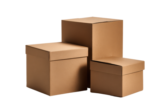 Three stacked brown cardboard boxes against a solid black background storage, Isolated On Transparent Background, Png Cut Out