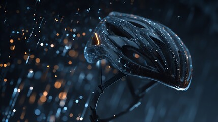 Close-up of a modern bicycle helmet illuminated by rain droplets in dark settings.