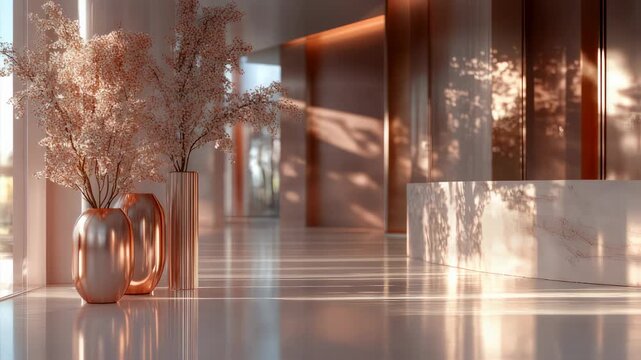 Elegant interior design featuring vases with flowers and marble structures in a modern space
