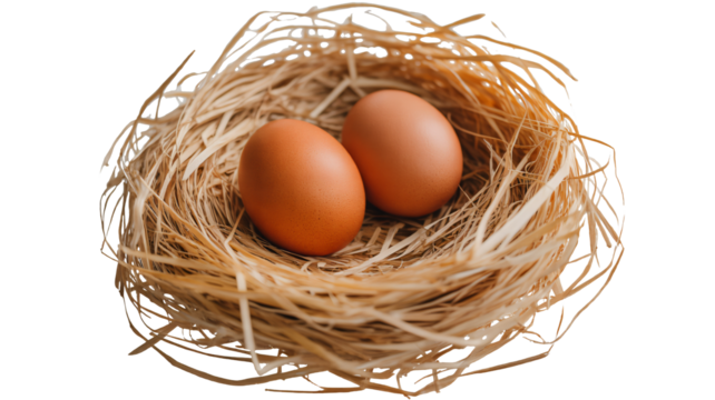 Two brown eggs nestled in a rustic straw nest