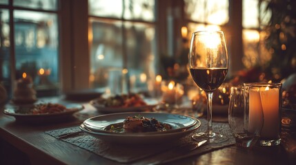 Elegant dinner setting with candlelight and wine glass, creating a warm ambiance.