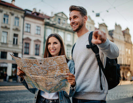 Happy Couple Exploring City with Map Travel, Tourism, Adventure, Navigation, Destination, Joy, Discovery, Outdoor, Urban Exploration, Vacation.