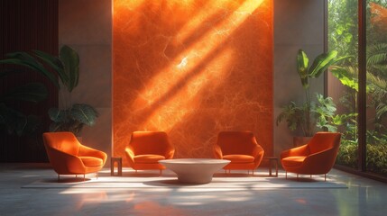 Serene Lounge: Modern lounge area is bathed in sunlight, the scene features a series of sleek orange chairs, arranged around a low, inviting table. The warm hues complement the natural elements.