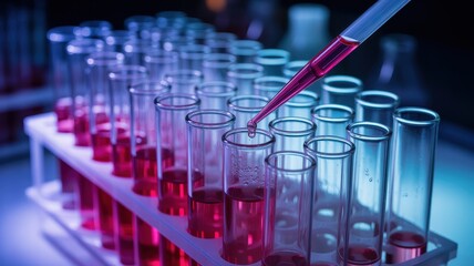Obraz premium Laboratory precision a pipette adds liquid to test tubes in a scientific setting