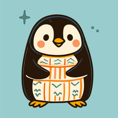 Cute vintage penguin with patterned sweater illustration