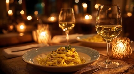 A cozy dining setup featuring plate of pasta and glasses of wine by candlelight.