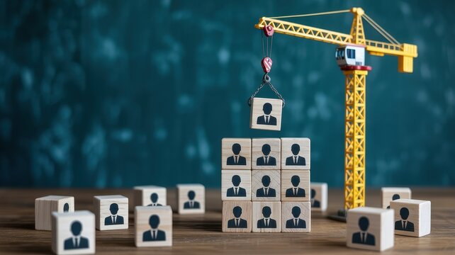 Crane building a team with wooden blocks, symbolizing recruitment and teamwork