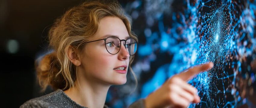 On a giant screen, a young female lecturer describes a big data research endeavor.  Neural network model points - Powered by Adobe