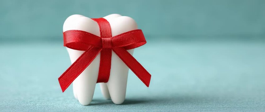 White teeth model on turquoise with a crimson ribbon.  Idea for a dental care gift.