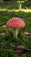 Stunning fly agaric mushroom in enchanting forest setting, a beautiful and potentially dangerous woodland treasure for nature enthusiasts