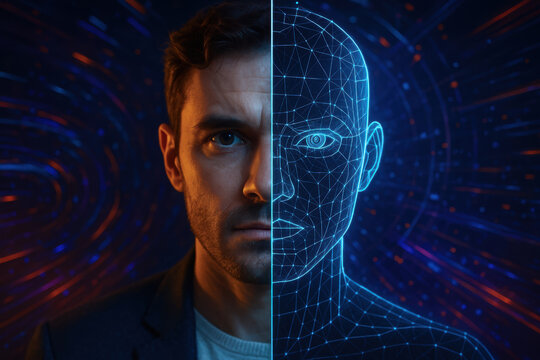 Man face split with digital wireframe half represents deepfake and ai technology risks in crimes prevention and detection