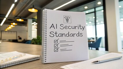 AI Security Standards Checklist on Notepad in Modern Office Setting with Natural Light and Professional Environment