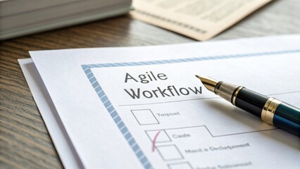 Agile Workflow Document with Checkboxes and Pen on Wooden Desk for Project Management and Team Collaboration