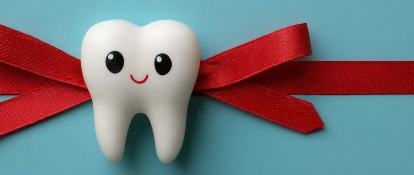 White teeth model on turquoise with a crimson ribbon.  Idea for a dental care gift.