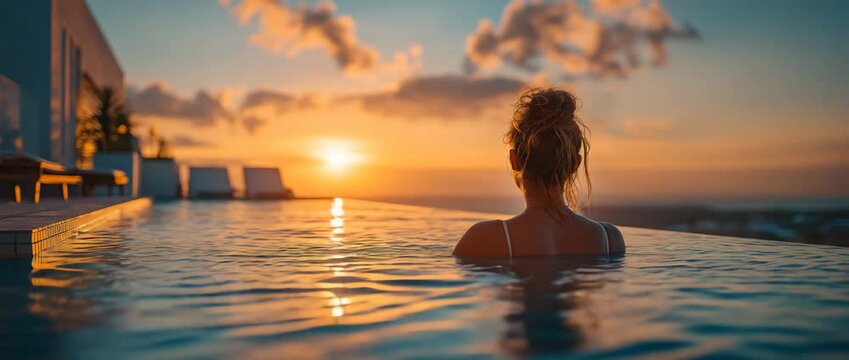 lady swimming in the stunning beach hotel resort's rooftop pool,