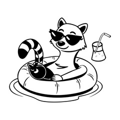 Black and white vector illustration of a raccoon in sunglasses relaxing on a flamingo float with a drink. Funny summer animal art.