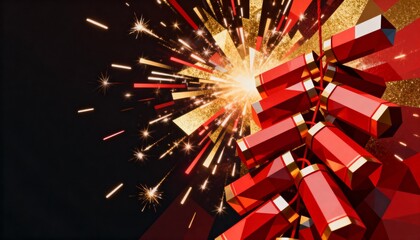 Abstract Geometric Digital Art Featuring Stylized Firecrackers in Explosive Display of Bold Colors and Shapes