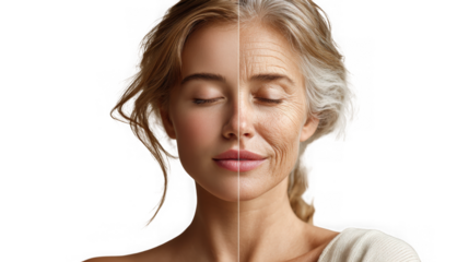 Comparison of young and old face isolated on transparent background, aging process