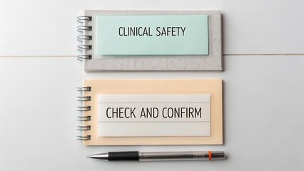 Clinical Safety and Check Confirmation Notebooks on a Wooden Table with a Pen for Health and Medical Theme