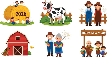 Happy New Year 2026 Farm Celebration Vector with Family, Animals, Barn, Vegetables, Sparklers, Countryside Scene, Festive Holiday Mood