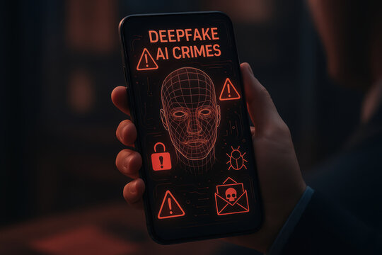 Deepfake and AI crimes warning on smartphone screen with digital face grid and security icons alerting cyber threats and online dangers