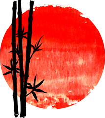 Black Bamboo Silhouette on Red Watercolor Sun or Japanese Hinomaru Circle