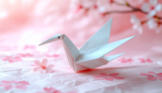 Origami Crane Illustration with Sakura Accents for Japanese Coming of Age Day Seijin no Hi Celebration Themes