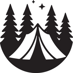Silhouette vector illustration of camping tent in woods at night in simple design