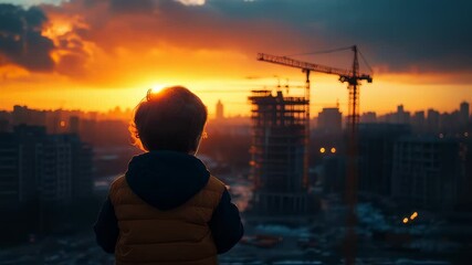 A young boy gazes at the cityscape during a breathtaking sunset over construction site