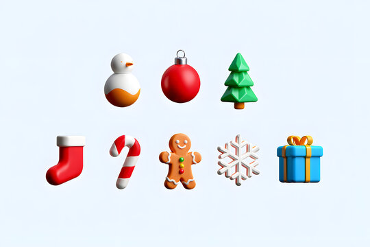 Collection of festive 3d christmas icons including a stocking ornament tree candy cane gingerbread man snowflake and gift box - Powered by Adobe