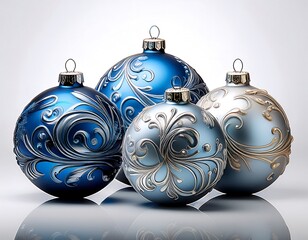 Elegant collection of festive blue and silver Christmas ornaments, meticulously adorned with intricate swirling patterns, creating a sophisticated and joyful ambiance for holiday celebrations